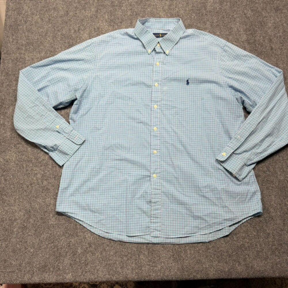 Ralph Lauren XXL Blue Green Gingham Check Cotton Button Down Shirt Pony Logo